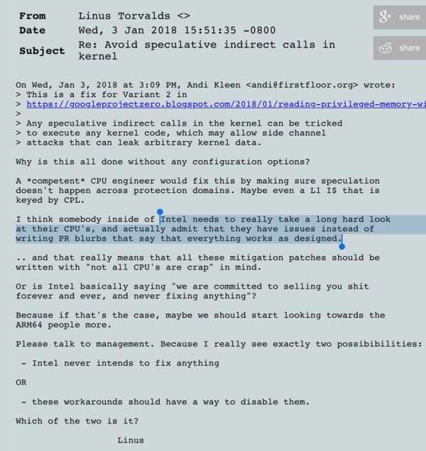 Avoid speculative indirect calls in Linux kernel -
Linus reply