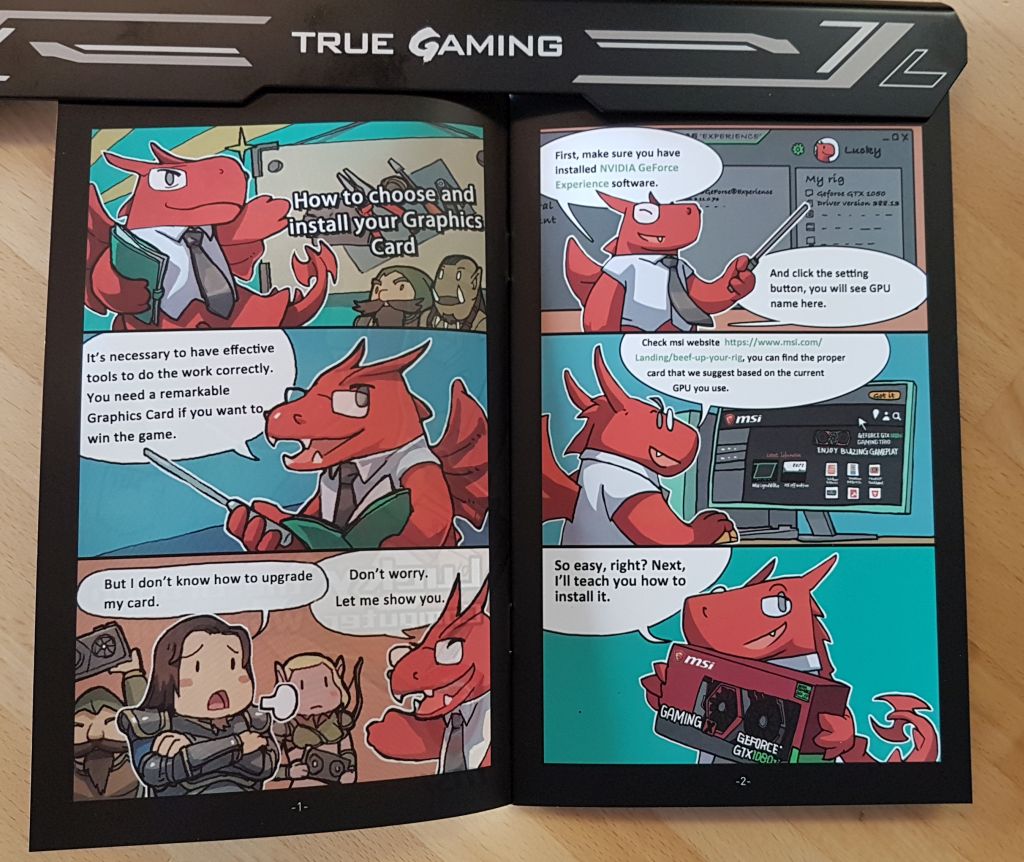 MSI mini-book for graphics card installation with Lucky the dragon