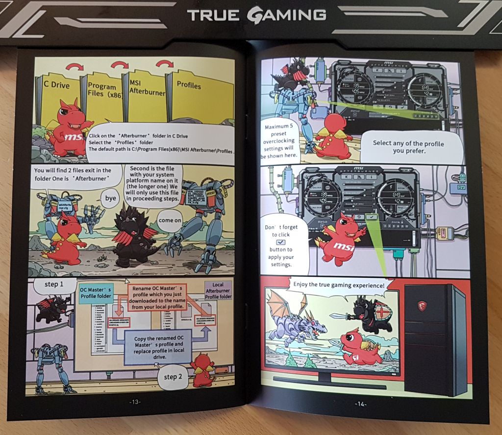 MSI mini-book for graphics card installation with Lucky the dragon