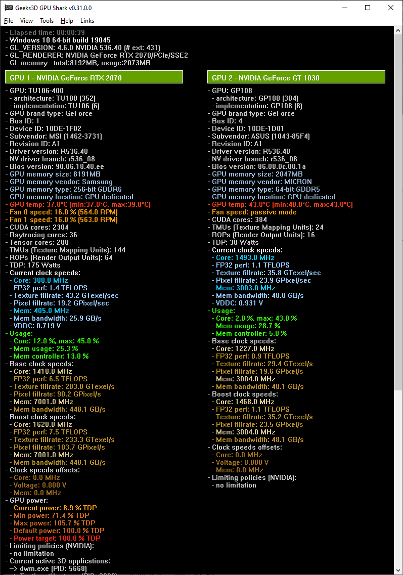 GPU Shark 0.31 - GeForce RTX 2070 + GeForce GT 1030