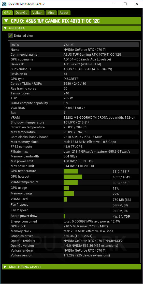 ASUS TUF RTX 4070 Ti - GPU-Z sensors