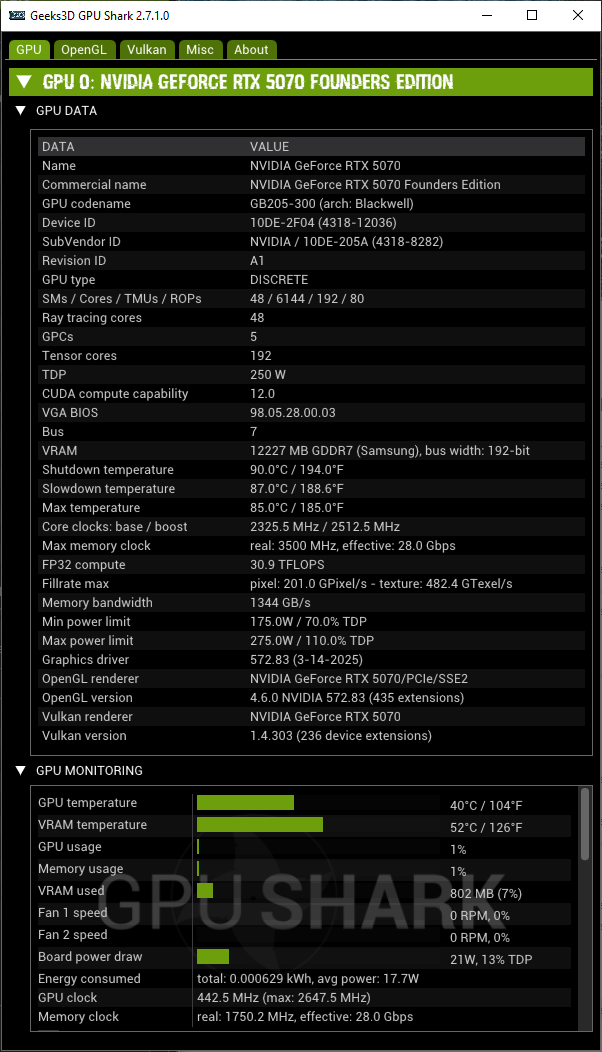 NVIDIA GeForce RTX 5070 Founders Edition - GPU Shark 2 - GPU tab, hardware sensors and GPU information
